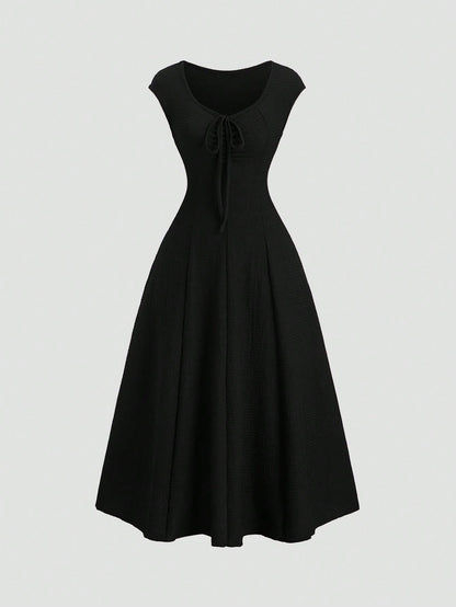 Sweetra Solid Color Ruched Fitted Knit Maxi Dress, European And American Style Everyday Black Summer Elegant