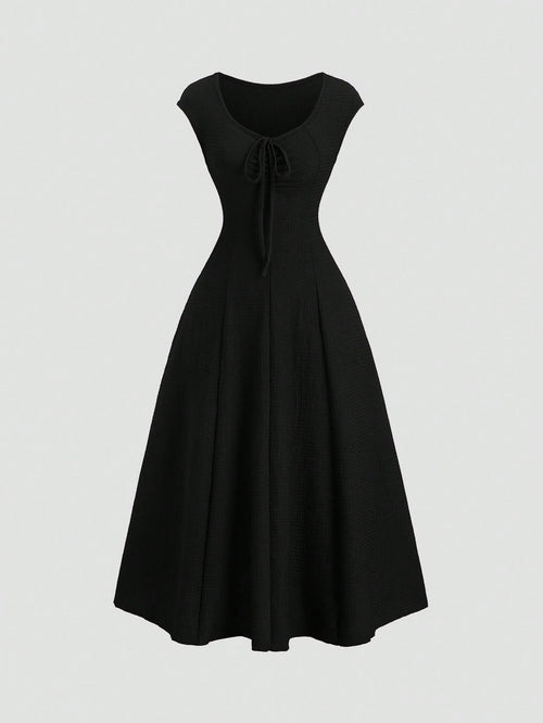Sweetra Solid Color Ruched Fitted Knit Maxi Dress, European And American Style Everyday Black Summer Elegant