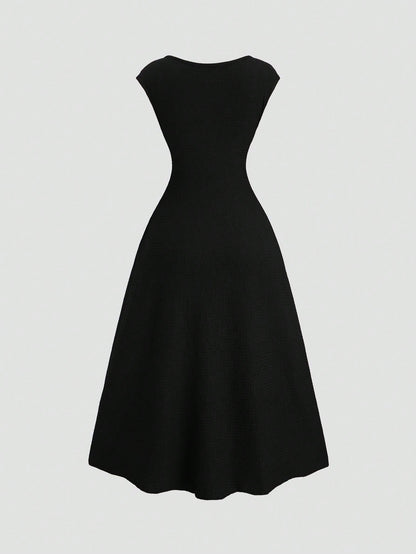 Sweetra Solid Color Ruched Fitted Knit Maxi Dress, European And American Style Everyday Black Summer Elegant