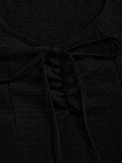 Sweetra Solid Color Ruched Fitted Knit Maxi Dress, European And American Style Everyday Black Summer Elegant