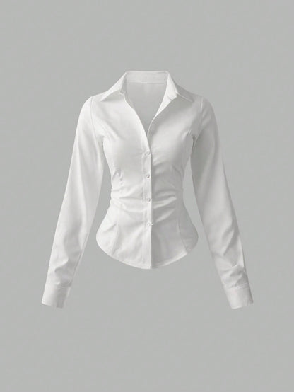 Sweetra Women's Casual Versatile Commuter Solid Color Waist Shirt