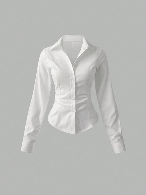 Sweetra Women's Casual Versatile Commuter Solid Color Waist Shirt