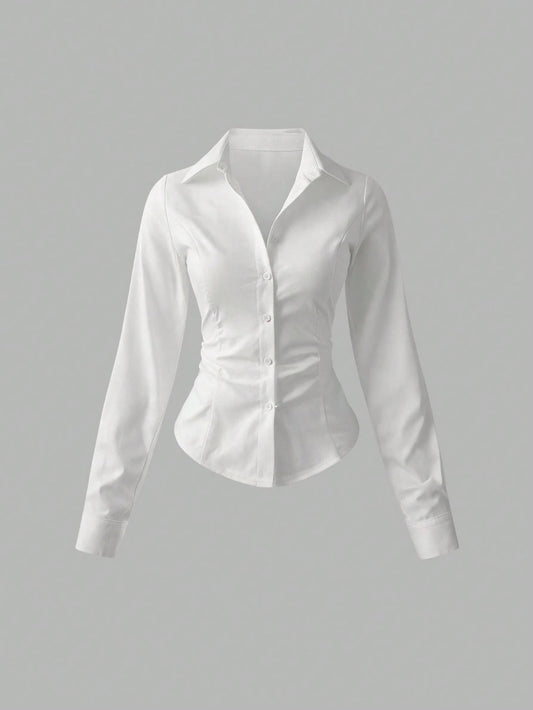 Sweetra Women's Casual Versatile Commuter Solid Color Waist Shirt