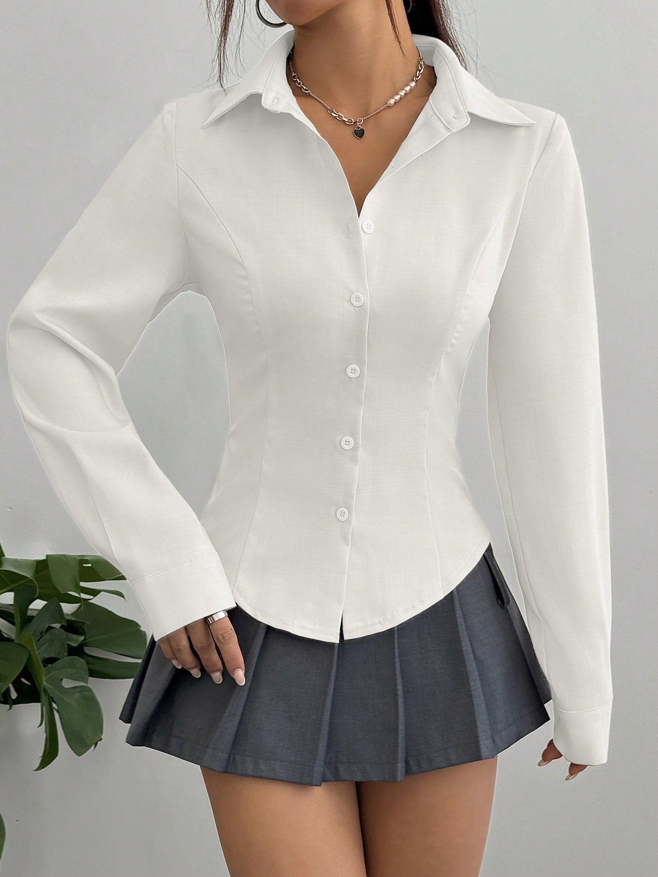 Sweetra Women's Casual Versatile Commuter Solid Color Waist Shirt
