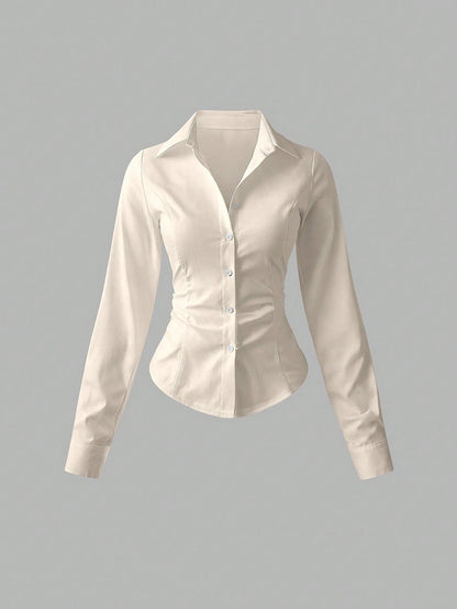 Sweetra Women's Casual Versatile Commuter Solid Color Waist Shirt