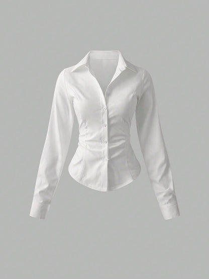 Sweetra Women's Casual Versatile Commuter Solid Color Waist Shirt
