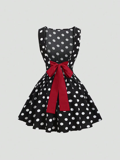Sweetra Women's Fashionable French Romantic Sweet Polka Dot Sleeveless Boat Neck Sexy Backless Contrast Color Tie Cinched Waist A-Line Casual Dress, Spring/Summer