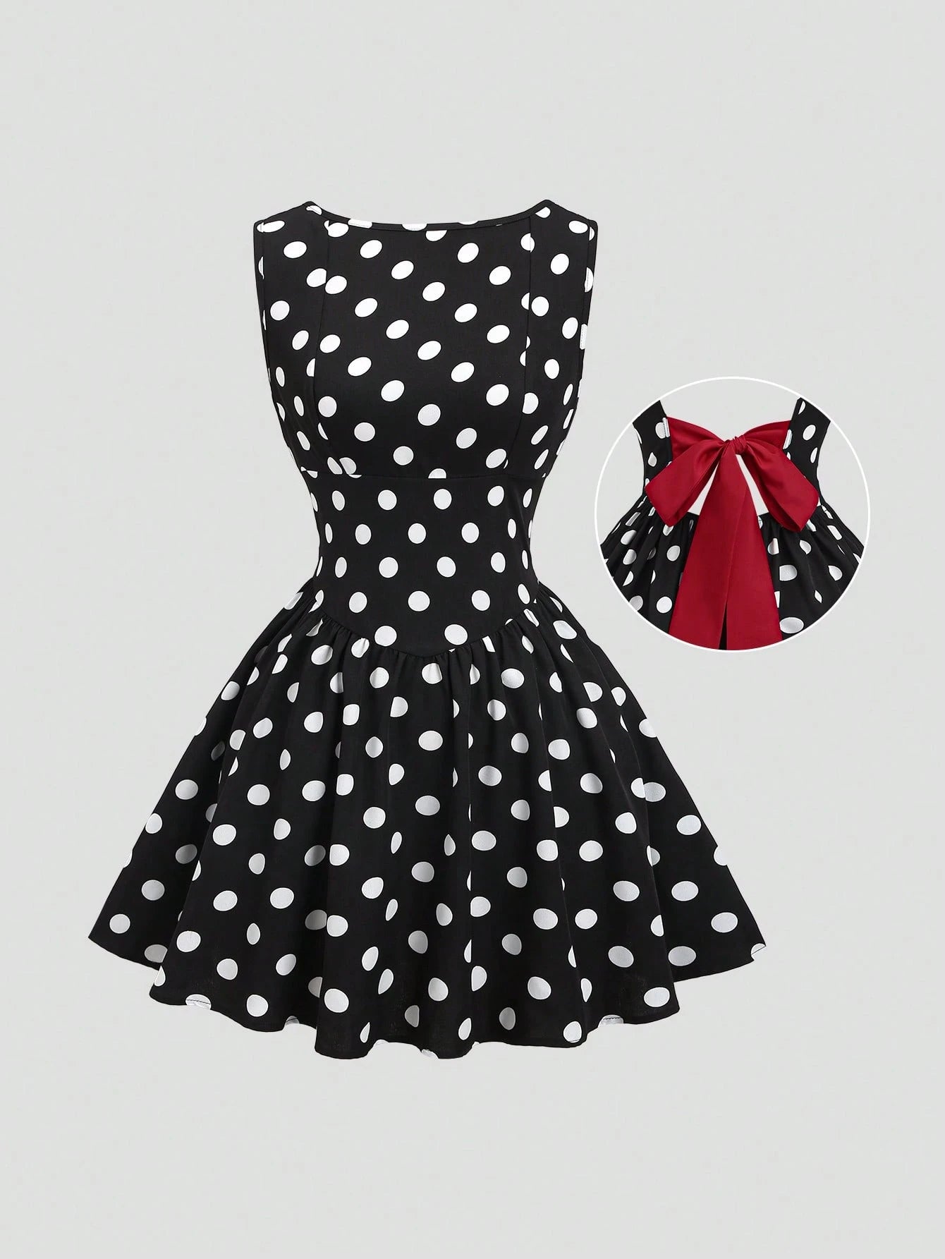 Sweetra Women's Fashionable French Romantic Sweet Polka Dot Sleeveless Boat Neck Sexy Backless Contrast Color Tie Cinched Waist A-Line Casual Dress, Spring/Summer