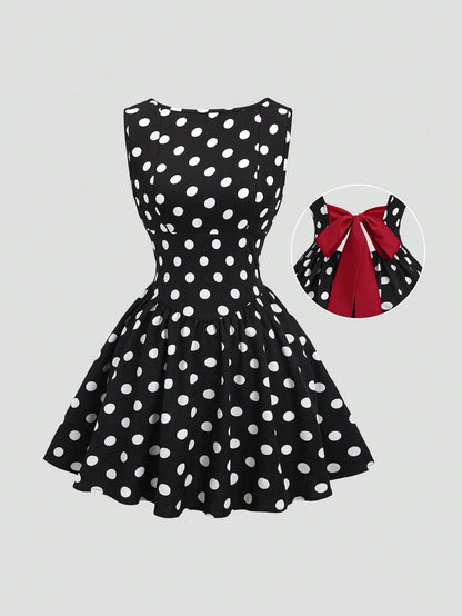 Sweetra Women's Fashionable French Romantic Sweet Polka Dot Sleeveless Boat Neck Sexy Backless Contrast Color Tie Cinched Waist A-Line Casual Dress, Spring/Summer