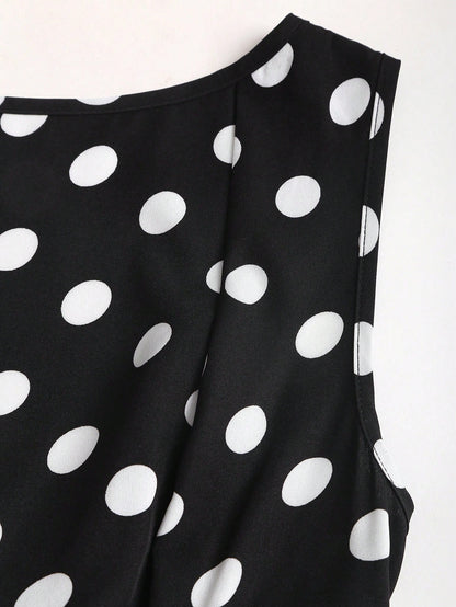 Sweetra Women's Fashionable French Romantic Sweet Polka Dot Sleeveless Boat Neck Sexy Backless Contrast Color Tie Cinched Waist A-Line Casual Dress, Spring/Summer
