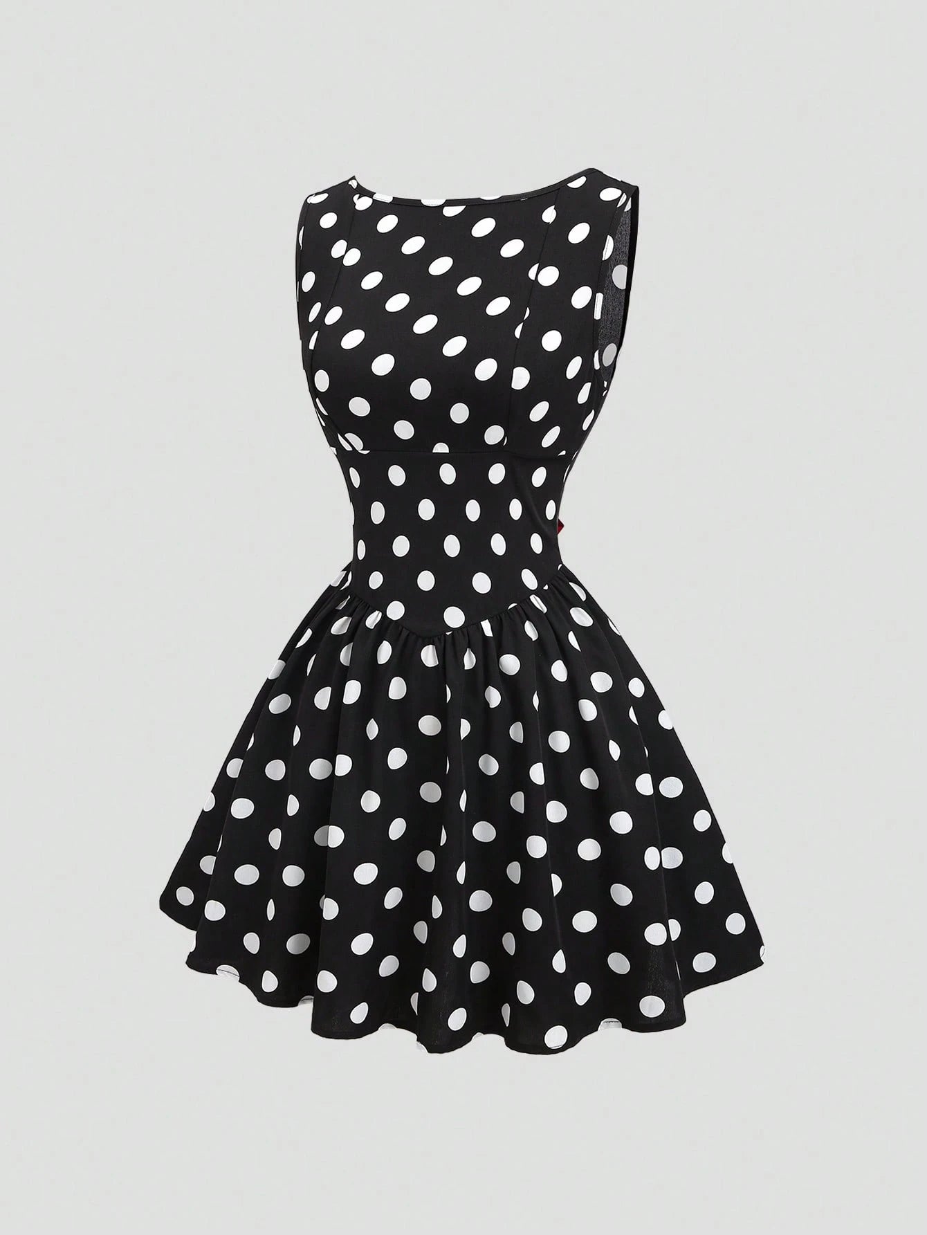Sweetra Women's Fashionable French Romantic Sweet Polka Dot Sleeveless Boat Neck Sexy Backless Contrast Color Tie Cinched Waist A-Line Casual Dress, Spring/Summer
