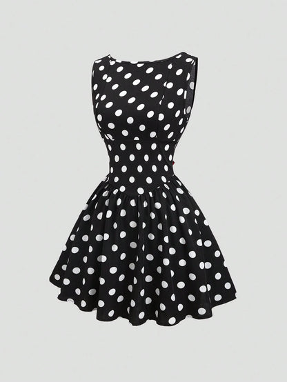 Sweetra Women's Fashionable French Romantic Sweet Polka Dot Sleeveless Boat Neck Sexy Backless Contrast Color Tie Cinched Waist A-Line Casual Dress, Spring/Summer