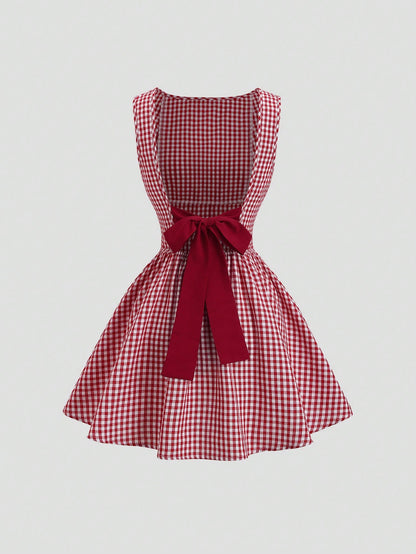 Sweetra Women's Fashionable French Romantic Sweet Polka Dot Sleeveless Boat Neck Sexy Backless Contrast Color Tie Cinched Waist A-Line Casual Dress, Spring/Summer