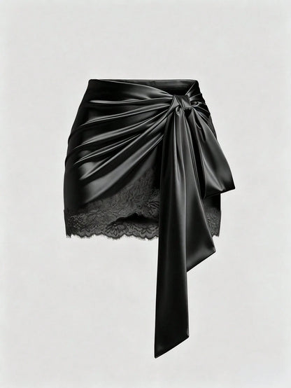 Sweetra Y2K Sexy Asymmetrical Hem Lace Trim Skirt, Suitable For Vacation And Commute