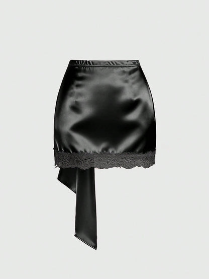 Sweetra Y2K Sexy Asymmetrical Hem Lace Trim Skirt, Suitable For Vacation And Commute