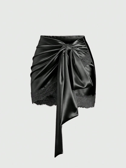 Sweetra Y2K Sexy Asymmetrical Hem Lace Trim Skirt, Suitable For Vacation And Commute