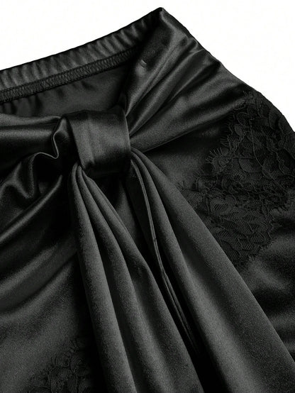 Sweetra Y2K Sexy Asymmetrical Hem Lace Trim Skirt, Suitable For Vacation And Commute