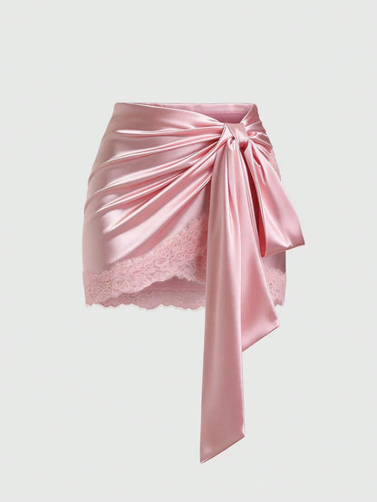 Sweetra Y2K Sexy Asymmetrical Hem Lace Trim Skirt, Suitable For Vacation And Commute