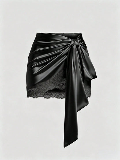 Sweetra Y2K Sexy Asymmetrical Hem Lace Trim Skirt, Suitable For Vacation And Commute