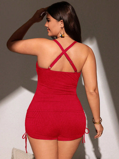 Swim Basics 2025 Plus Size Women 2pcs Red Knit Adjustable Spaghetti Strap Minimalist Daily Vacation Tankini Swimwear