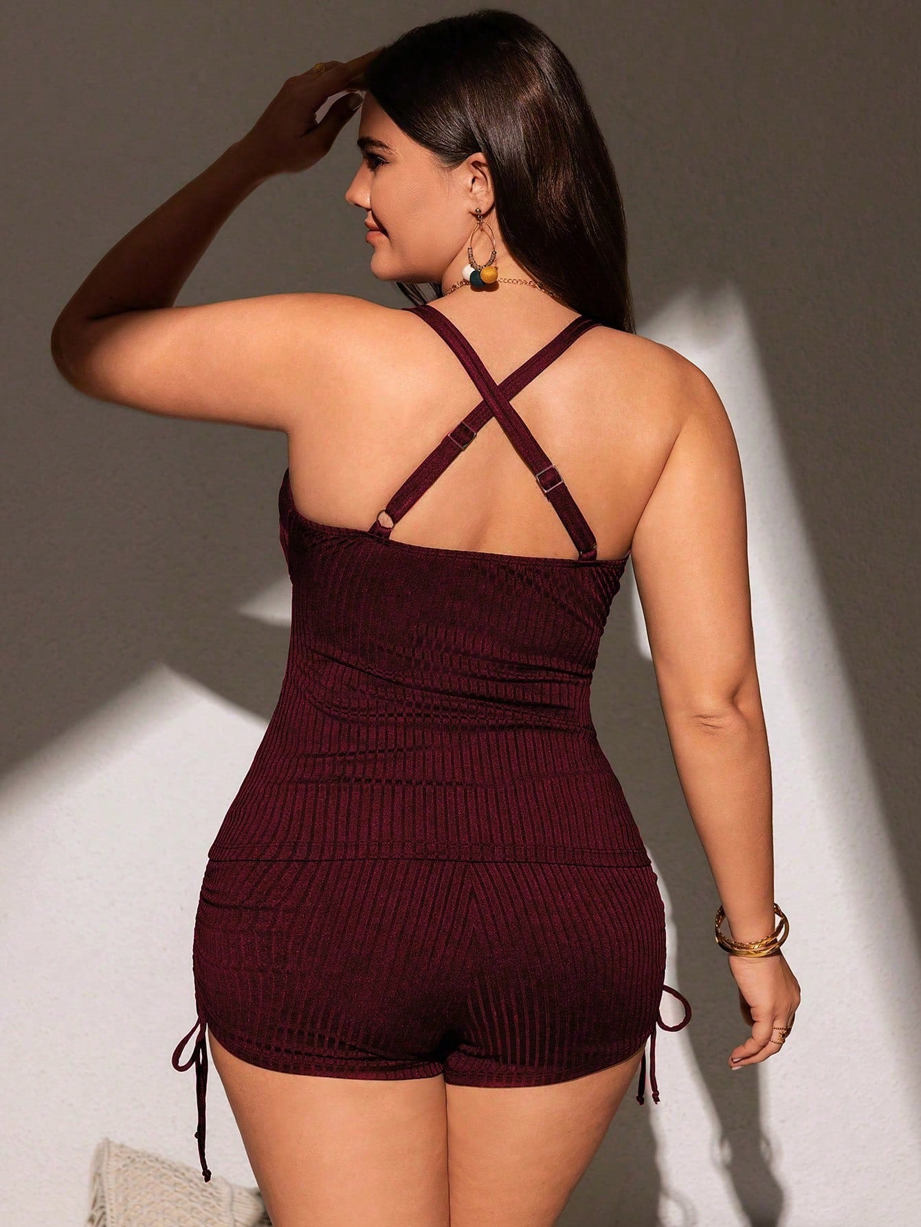 Swim Basics 2025 Plus Size Women 2pcs Red Knit Adjustable Spaghetti Strap Minimalist Daily Vacation Tankini Swimwear