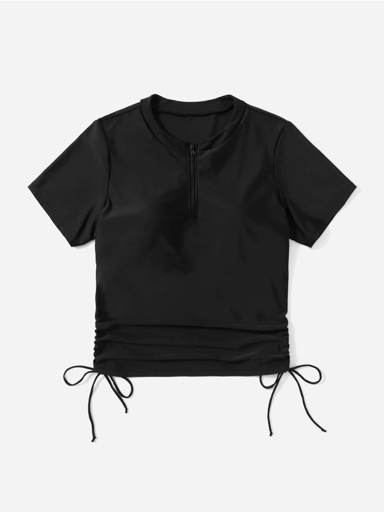 Swim Basics Summer Beach Plus Short Sleeve Drawstring Side One-Quarter Zipper Front High Neck Tankini Top