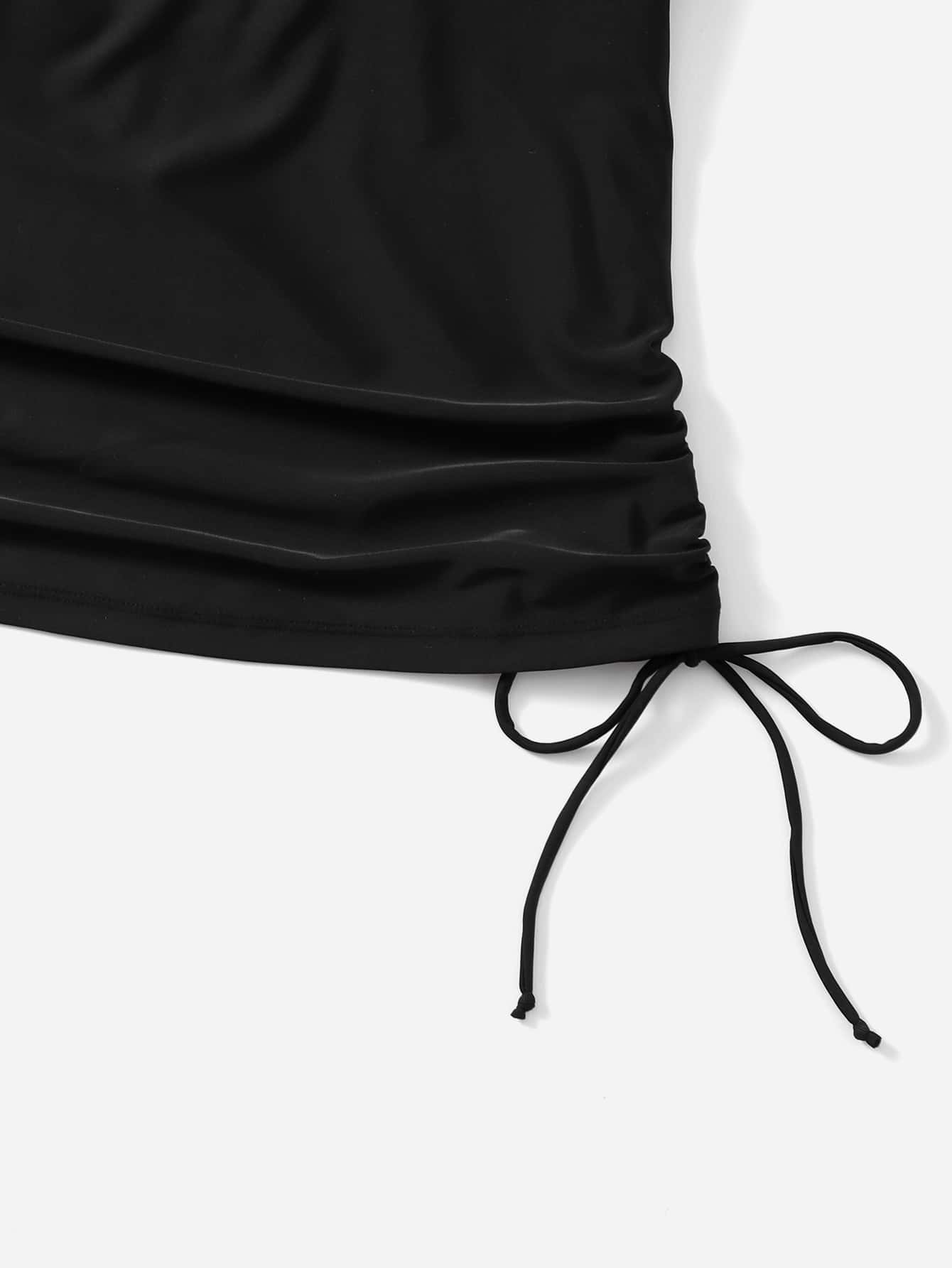 Swim Basics Summer Beach Plus Short Sleeve Drawstring Side One-Quarter Zipper Front High Neck Tankini Top