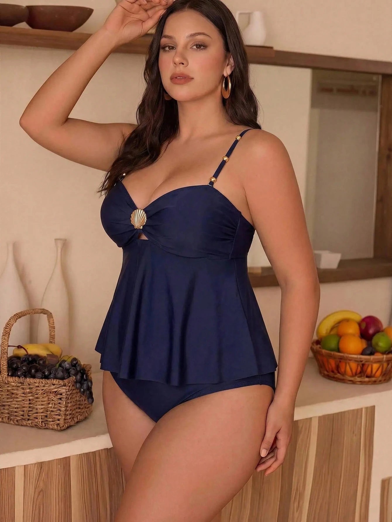 Swim Chiccia Plus Size 2-Piece Women's Elegant Solid Color Ruffle Hem Bikini Set, Shell Metal Buckle Decor On Chest, Shoulder Straps With Navy Blue Bead Accents