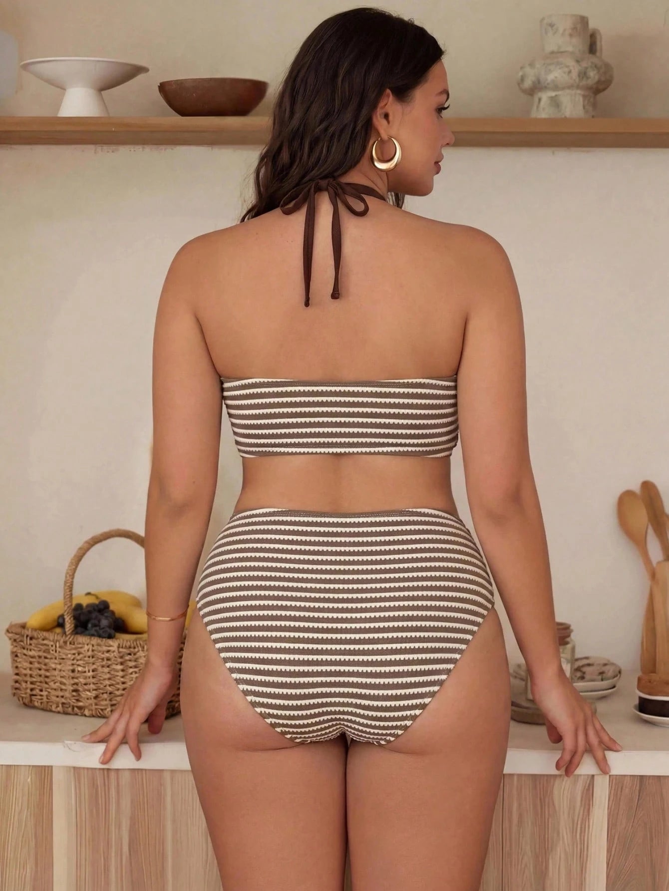 Swim Chiccia Plus Size Women 2-Piece Brown & White Special Fabric Fashion Vacation Daily Minimalist Casual Slimming High Waist Ruched Triangle Bottom Tummy Control Criss-Cross Push-Up Round Neck Bikin