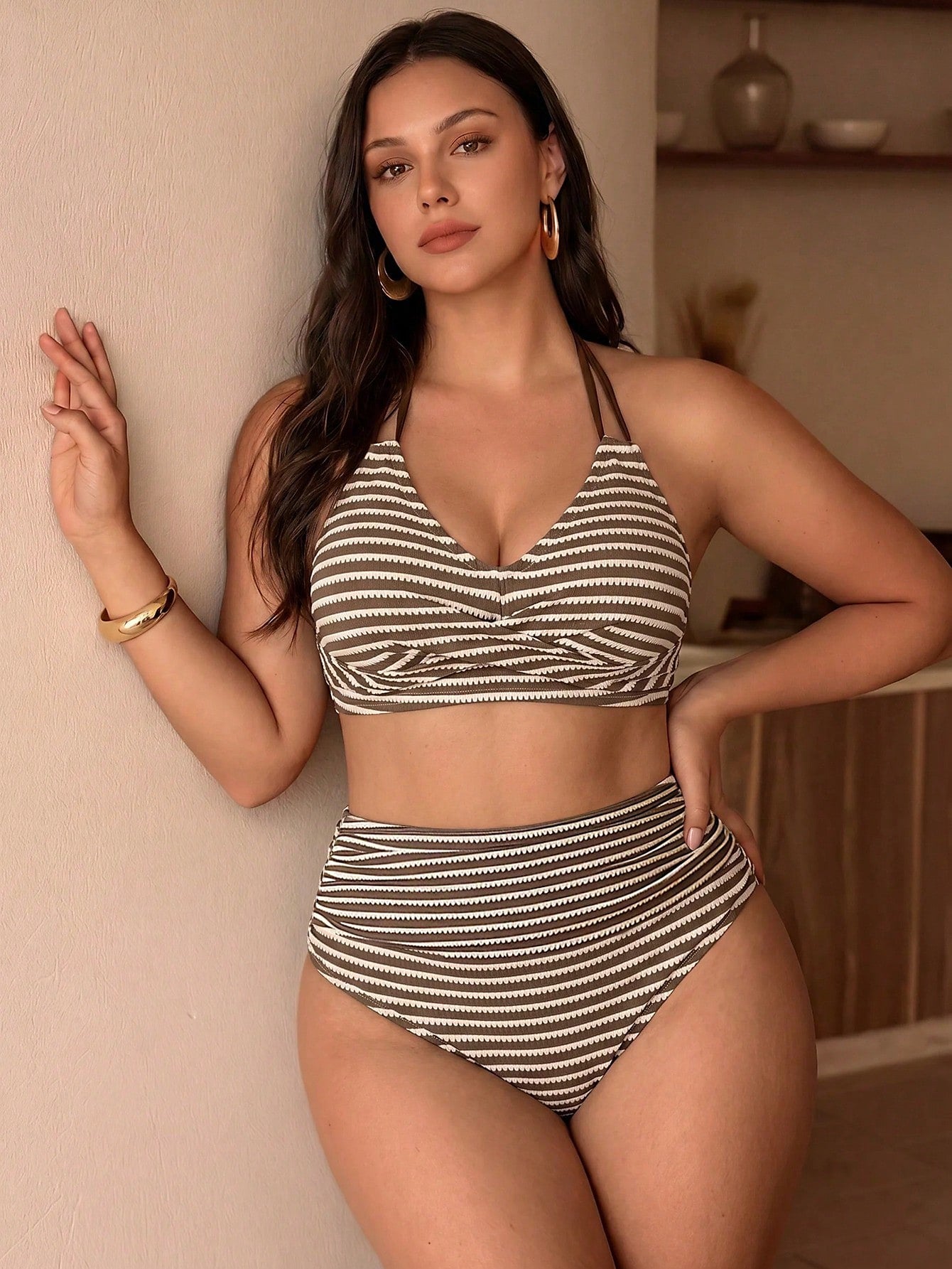 Swim Chiccia Plus Size Women 2-Piece Brown & White Special Fabric Fashion Vacation Daily Minimalist Casual Slimming High Waist Ruched Triangle Bottom Tummy Control Criss-Cross Push-Up Round Neck Bikin