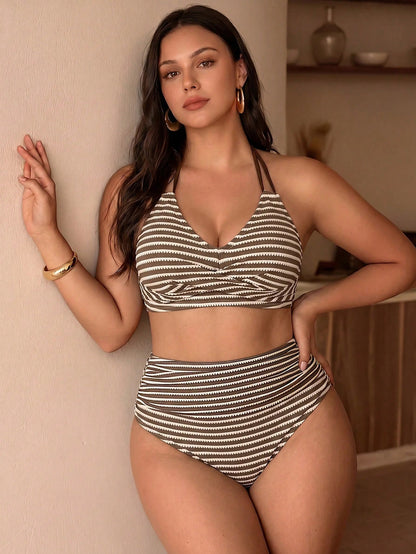 Swim Chiccia Plus Size Women 2-Piece Brown & White Special Fabric Fashion Vacation Daily Minimalist Casual Slimming High Waist Ruched Triangle Bottom Tummy Control Criss-Cross Push-Up Round Neck Bikin