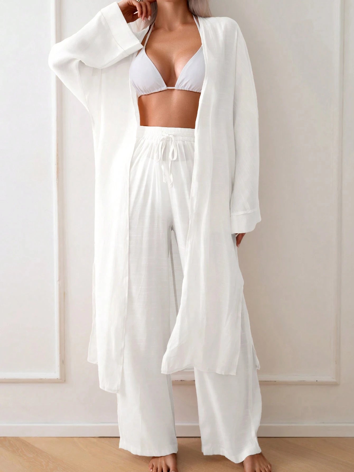 Swim Chiccia Summer Women's Solid Color Side Slit Long Kimono Cover Up