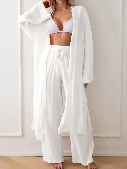 Swim Chiccia Summer Women's Solid Color Side Slit Long Kimono Cover Up