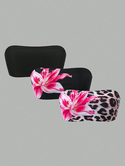 Swim Curve Plus Size Floral Print Bandeau Swimsuit Top 3pcs Set