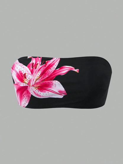 Swim Curve Plus Size Floral Print Bandeau Swimsuit Top 3pcs Set