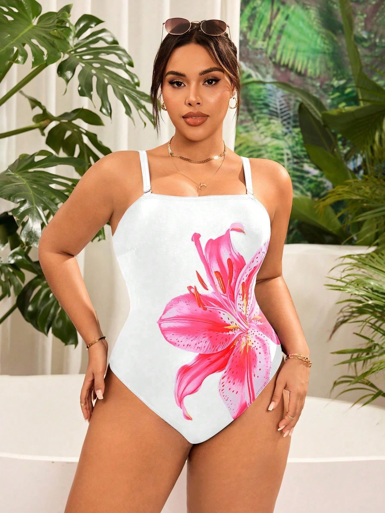 Swim Curve Plus Size Women Lily Flower Print One-Piece Removable Strap Casual Beach Swimsuit, Vacation Style For Summer