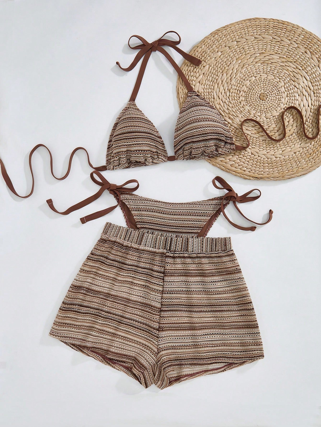 Swim Curve Plus Size Women's 3pcs Swimsuit Set,Striped Tie-Front Tankini Top With Triangle Cups,High Cut Shorts Bottom & Cover Up, Summer Boho Beach Holiday