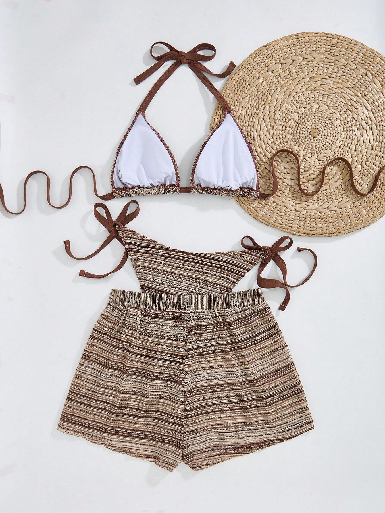 Swim Curve Plus Size Women's 3pcs Swimsuit Set,Striped Tie-Front Tankini Top With Triangle Cups,High Cut Shorts Bottom & Cover Up, Summer Boho Beach Holiday