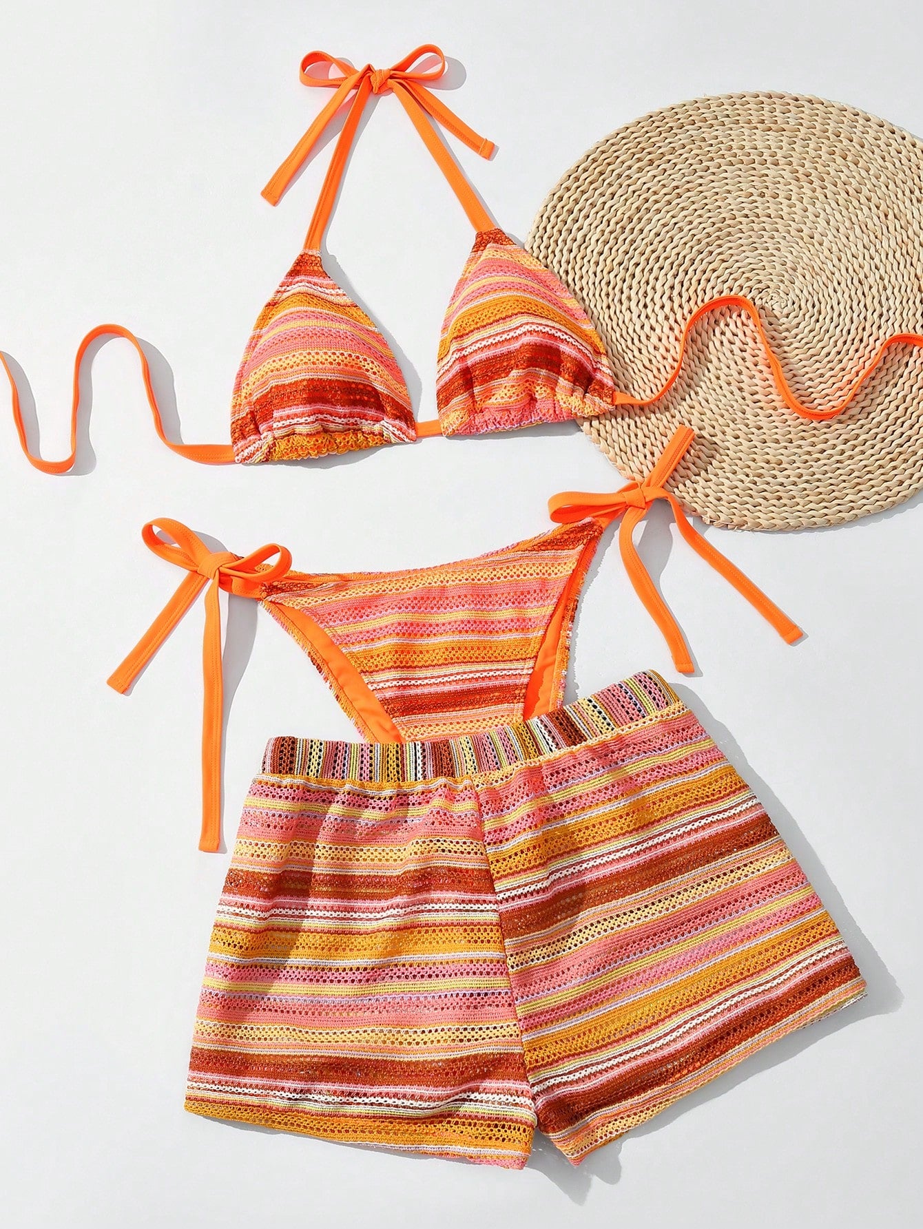 Swim Curve Plus Size Women's 3pcs Swimsuit Set,Striped Tie-Front Tankini Top With Triangle Cups,High Cut Shorts Bottom & Cover Up, Summer Boho Beach Holiday