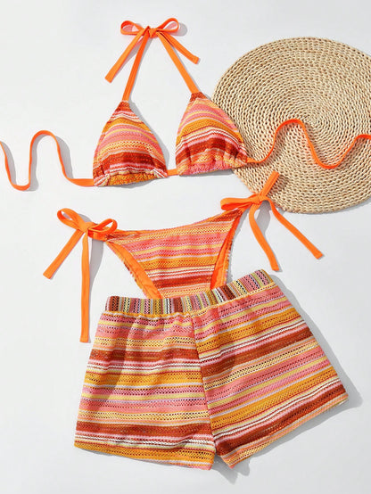 Swim Curve Plus Size Women's 3pcs Swimsuit Set,Striped Tie-Front Tankini Top With Triangle Cups,High Cut Shorts Bottom & Cover Up, Summer Boho Beach Holiday