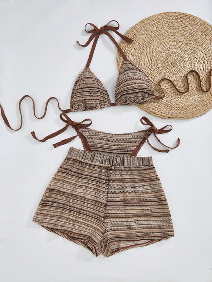 Swim Curve Plus Size Women's 3pcs Swimsuit Set,Striped Tie-Front Tankini Top With Triangle Cups,High Cut Shorts Bottom & Cover Up, Summer Boho Beach Holiday
