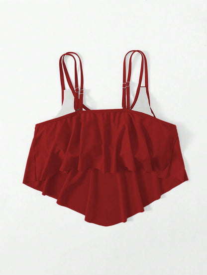 Swim Curve Plus Size Women's Solid Color Ruffle Trim One-Piece Swimwear Top For Summer Beach Vacation
