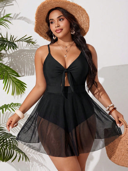 Swim Curve Plus Size Women Solid Color Ruched Spaghetti Strap One-Piece Swimsuit, Suitable For Beach Vacation, Pool Party, Beach Party