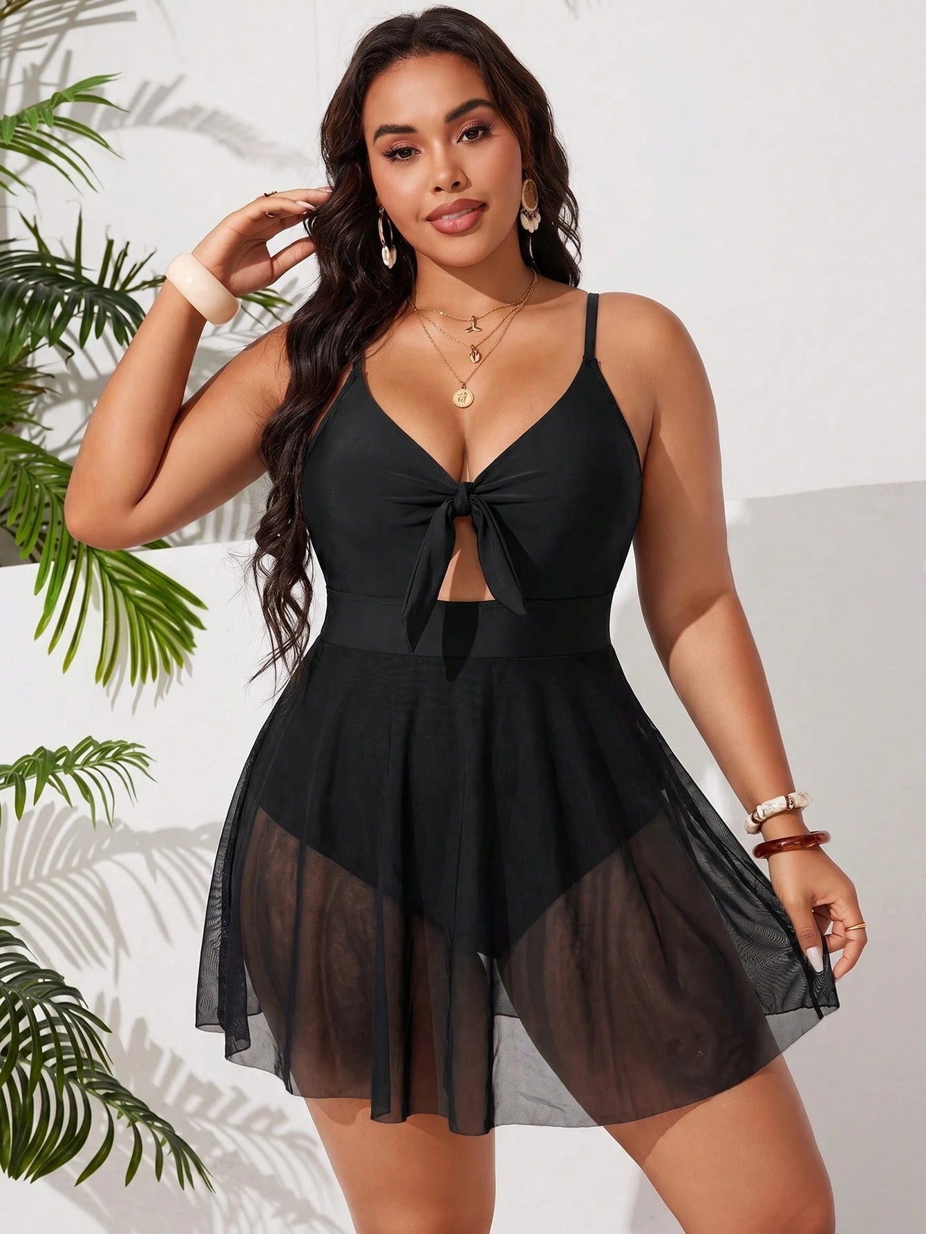 Swim Curve Plus Size Women Solid Color Ruched Spaghetti Strap One-Piece Swimsuit, Suitable For Beach Vacation, Pool Party, Beach Party