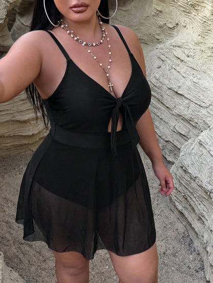 Swim Curve Plus Size Women Solid Color Ruched Spaghetti Strap One-Piece Swimsuit, Suitable For Beach Vacation, Pool Party, Beach Party