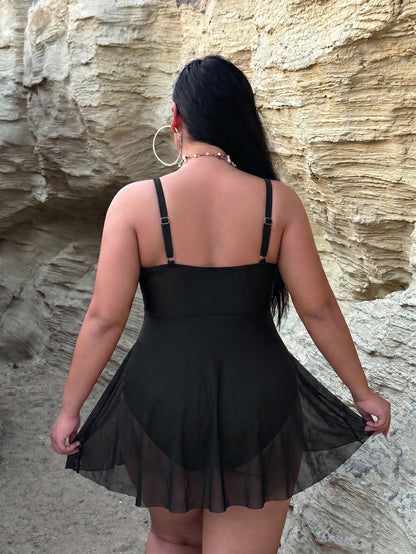 Swim Curve Plus Size Women Solid Color Ruched Spaghetti Strap One-Piece Swimsuit, Suitable For Beach Vacation, Pool Party, Beach Party