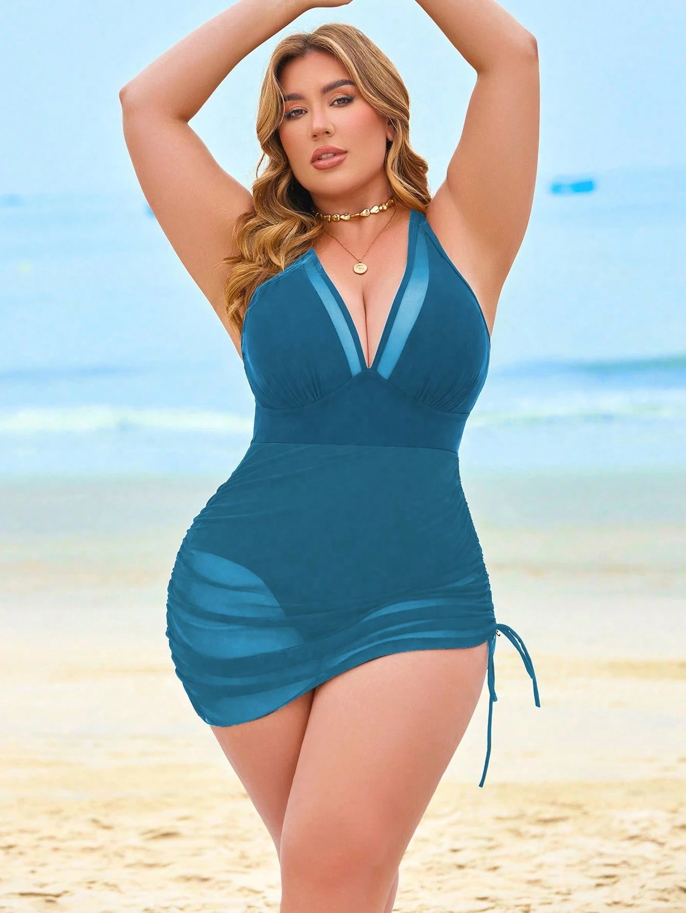 Swim Lushoire 1pc Black Mesh Patchwork Plus Size Adjustable One Piece Swimsuit Dress For Summer Beach Vacation