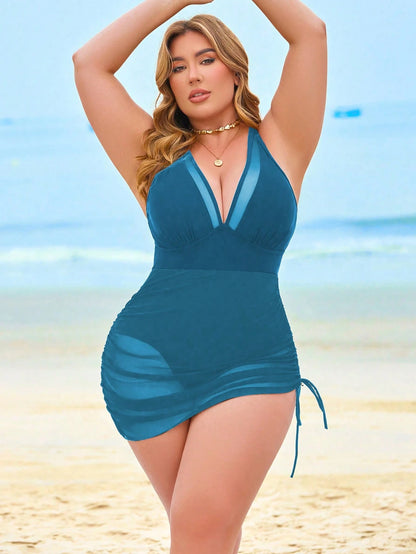 Swim Lushoire 1pc Black Mesh Patchwork Plus Size Adjustable One Piece Swimsuit Dress For Summer Beach Vacation