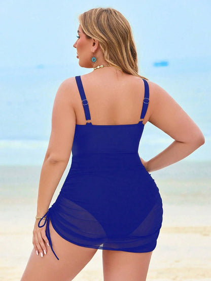 Swim Lushoire 1pc Black Mesh Patchwork Plus Size Adjustable One Piece Swimsuit Dress For Summer Beach Vacation