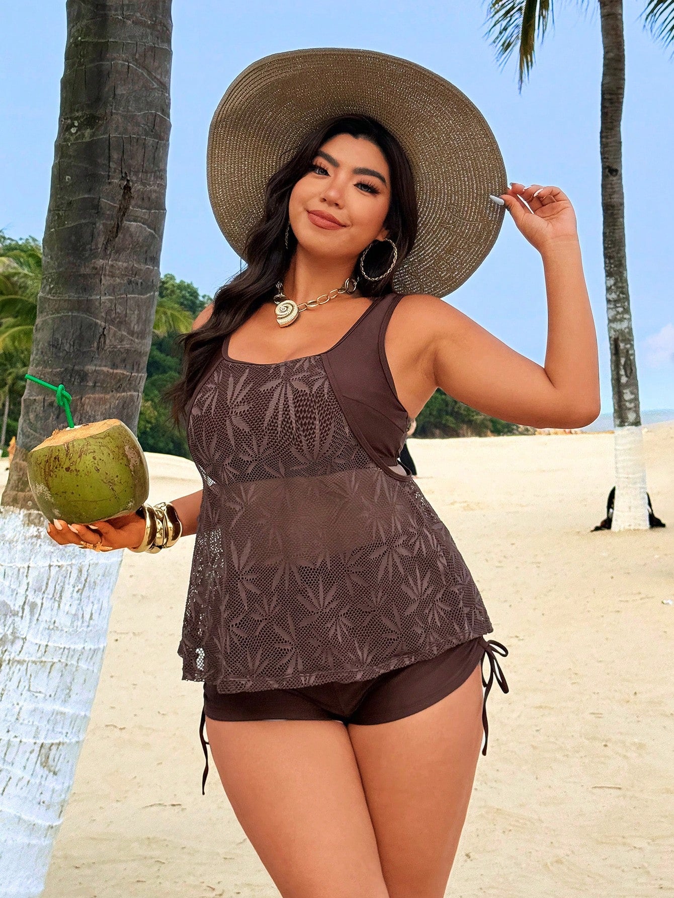 Swim Lushoire 2026 New Spring/Summer Plus Size 2pcs Set Lace Scoop Neck Adjustable Strap Casual Women Bikini Swimwear Vacation